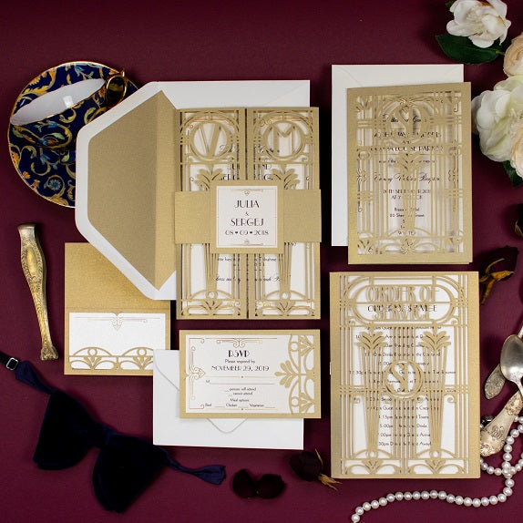 Złoto-beżowa winietka Art Deco Wielki Gatsby wycinana laserowo