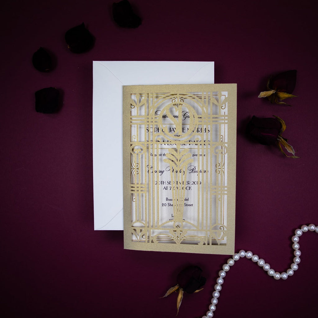 Złoto-Beżowe Zaproszenie Ślubne w Stylu Art Deco Wielki Gatsby Wycinane Laserowo Składane