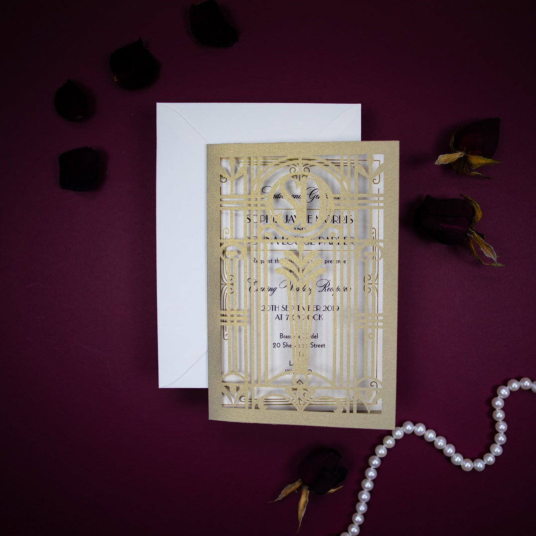 Złoto-Beżowe Zaproszenie Ślubne w Stylu Art Deco Wielki Gatsby Wycinane Laserowo Składane