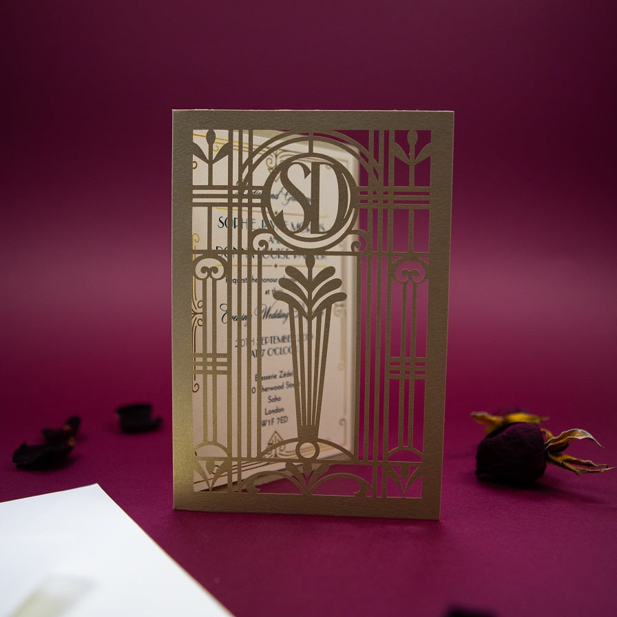 Złoto-Beżowe Zaproszenie Ślubne w Stylu Art Deco Wielki Gatsby Wycinane Laserowo Składane