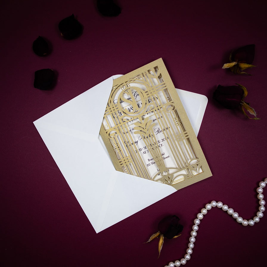 Złoto-Beżowe Zaproszenie Ślubne w Stylu Art Deco Wielki Gatsby Wycinane Laserowo Składane