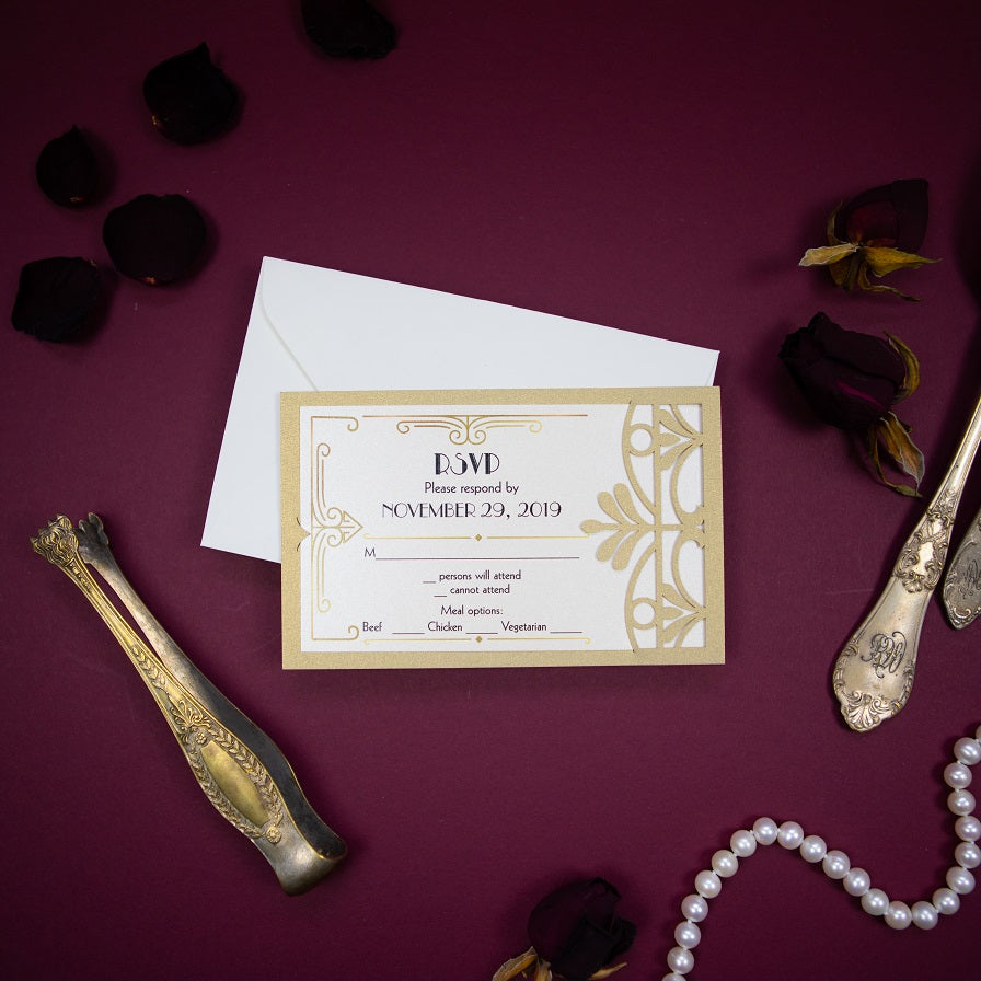Złoto-beżowa karta gatefold Art Deco Wielki Gatsby wycinana laserowo – RSVP / Save the Date / podziękowanie