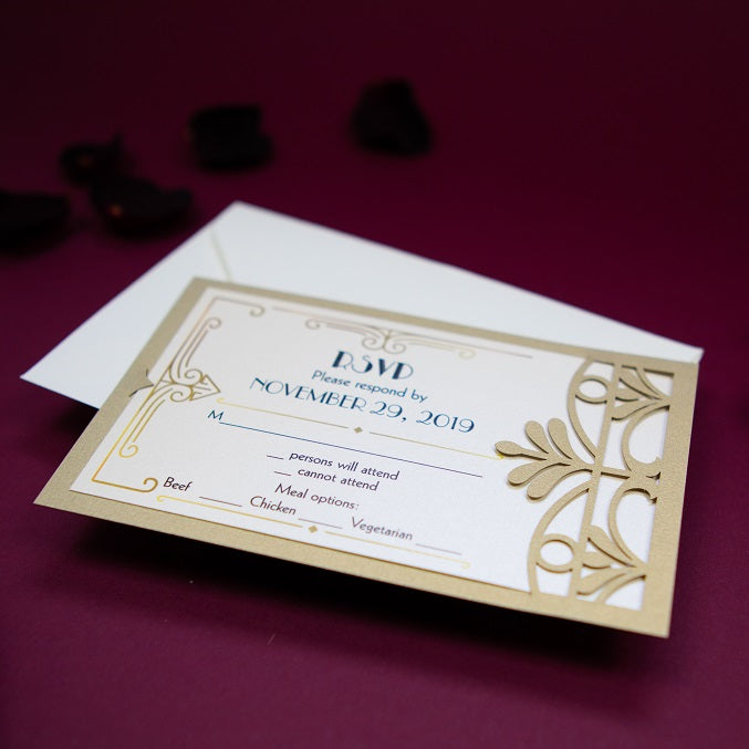 Złoto-beżowa karta gatefold Art Deco Wielki Gatsby wycinana laserowo – RSVP / Save the Date / podziękowanie
