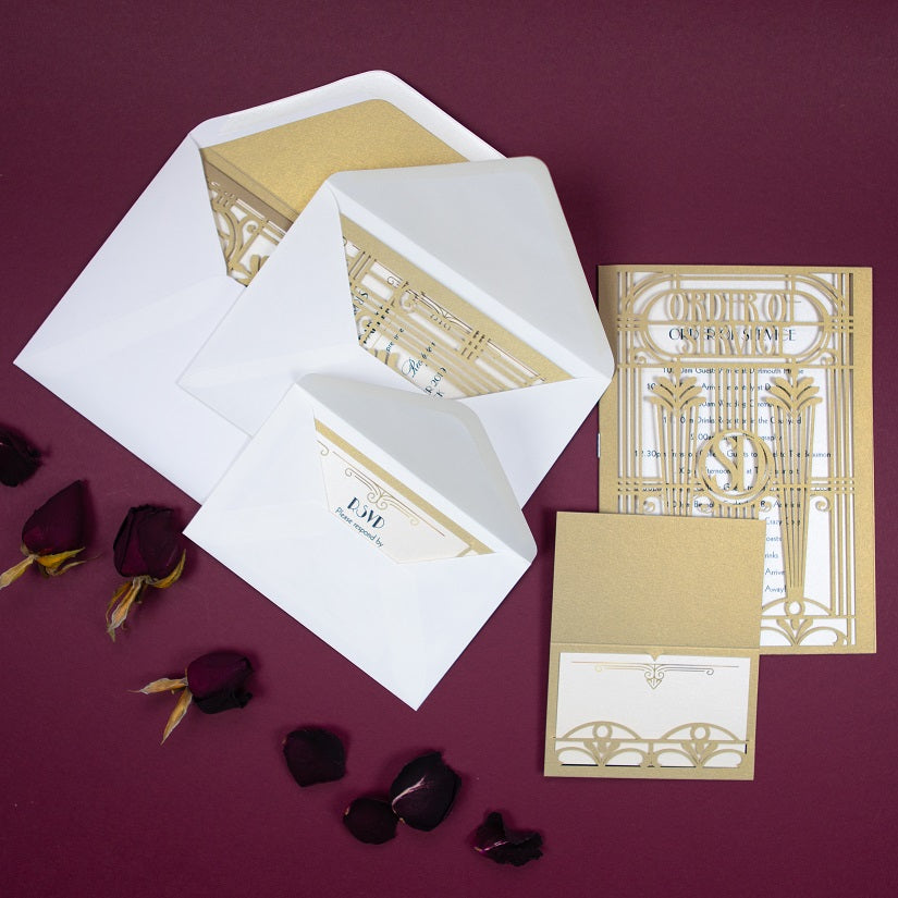 Złoto-beżowa karta gatefold Art Deco Wielki Gatsby wycinana laserowo – RSVP / Save the Date / podziękowanie