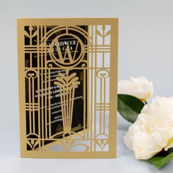 Złote Art Deco Wielki Gatsby Laserowo Wycinane Zaproszenie Ślubne Rozkładane