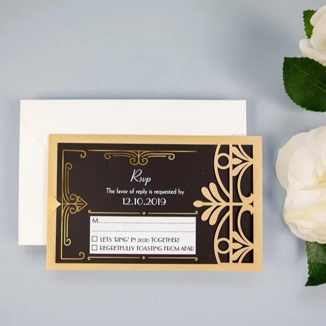Złota karta gatefold Art Deco Wielki Gatsby wycinana laserowo – RSVP / Save the Date / podziękowanie