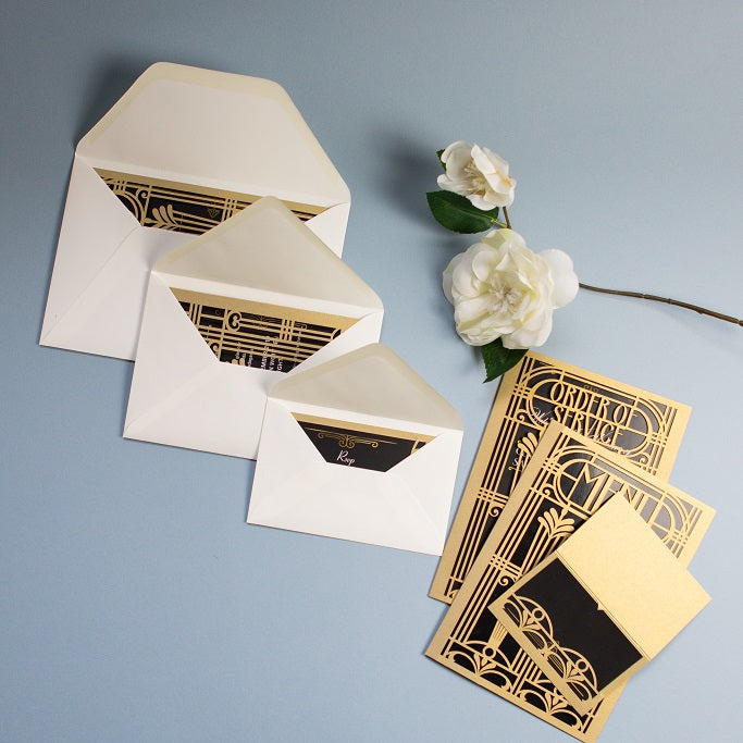 Złota karta gatefold Art Deco Wielki Gatsby wycinana laserowo – RSVP / Save the Date / podziękowanie