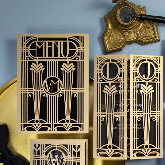Złote Art Deco Wielki Gatsby Menu Składane Wycinane Laserowo