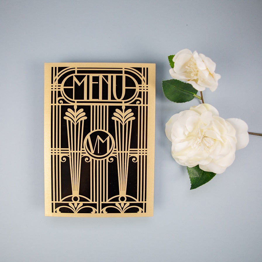 Złote Art Deco Wielki Gatsby Menu Składane Wycinane Laserowo