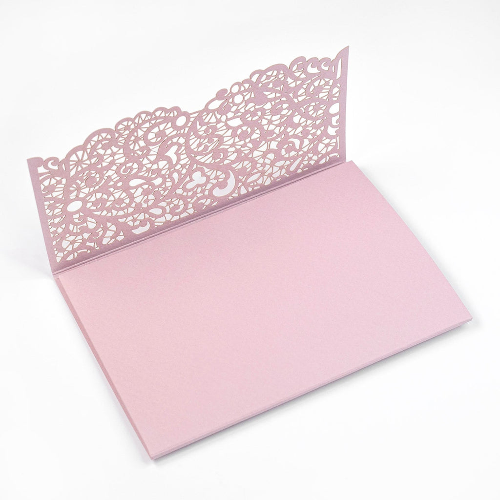 Różowe okładki pocketfold wycinane laserowo – zaproszenia DIY na ślub, urodziny, chrzest, składane na trzy, z kopertą