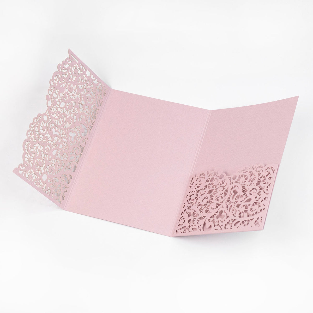 Różowe okładki pocketfold wycinane laserowo – zaproszenia DIY na ślub, urodziny, chrzest, składane na trzy, z kopertą