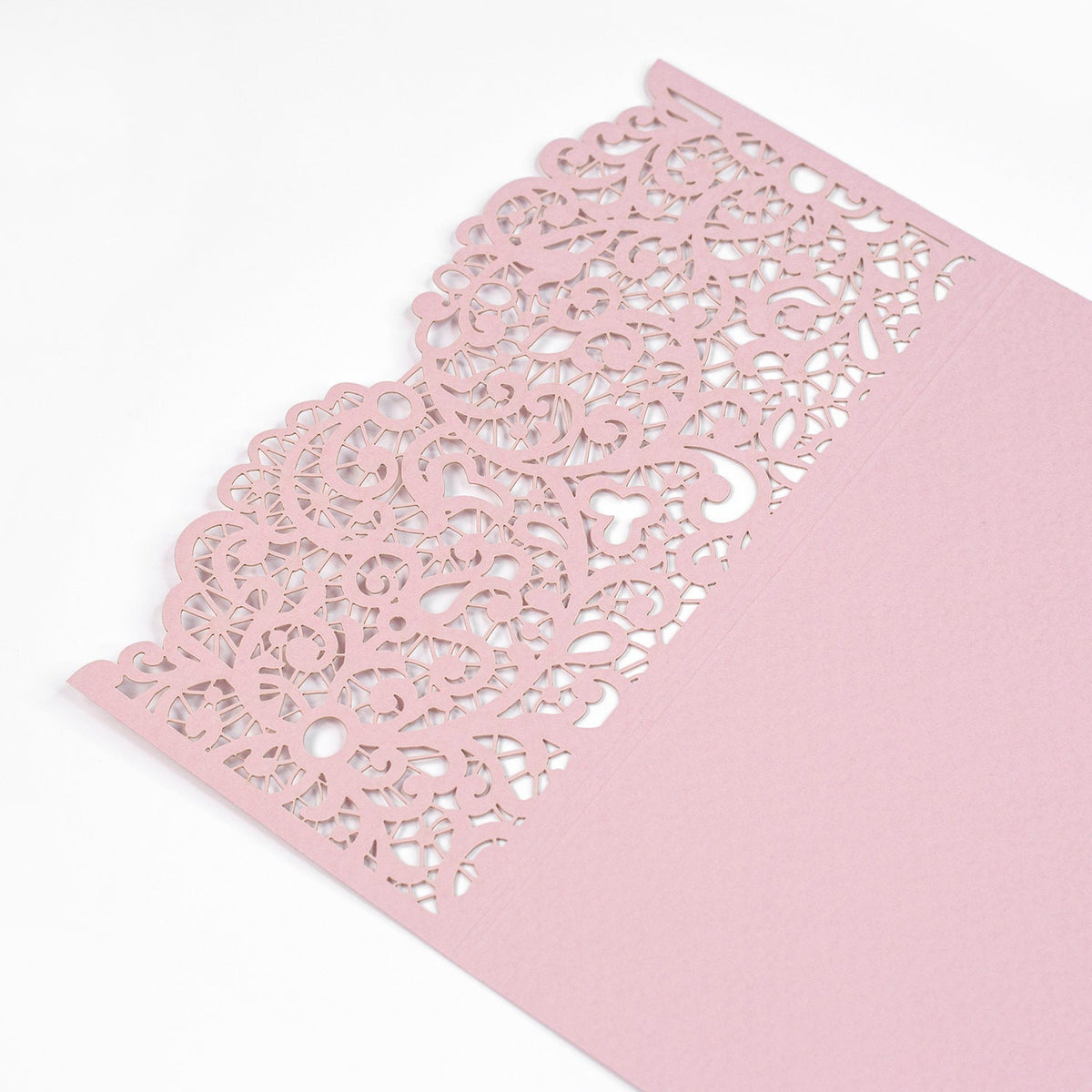 Różowe okładki pocketfold wycinane laserowo – zaproszenia DIY na ślub, urodziny, chrzest, składane na trzy, z kopertą