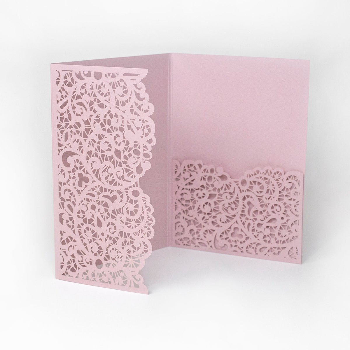 Różowe okładki pocketfold wycinane laserowo – zaproszenia DIY na ślub, urodziny, chrzest, składane na trzy, z kopertą