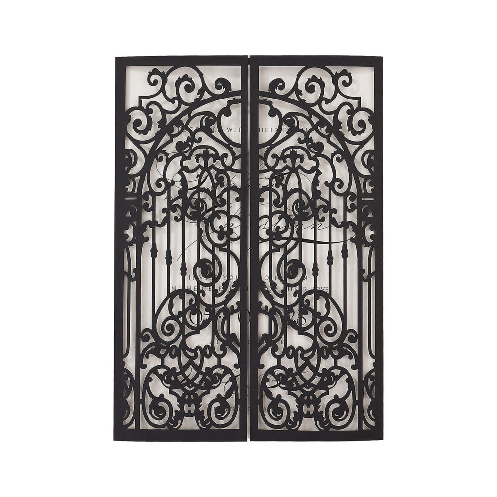One black gates with intricate scrollwork designs. The gates are open and the scrollwork is visible through the openings. The text 'WITH THE HEART OF ONE' is visible through the scrollwork.