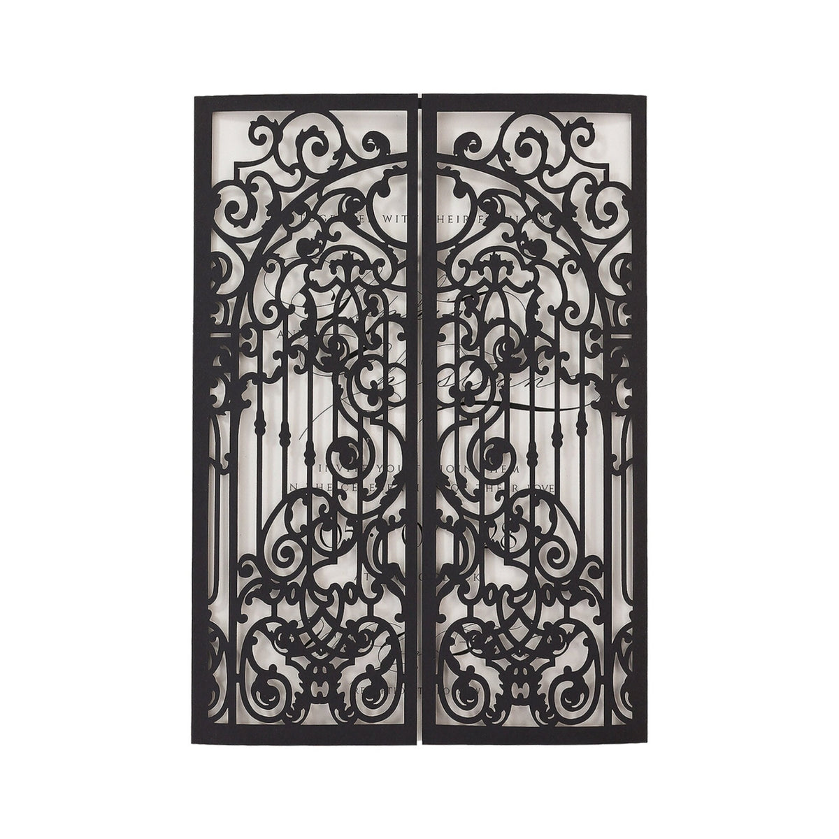 One black gates with intricate scrollwork designs. The gates are open and the scrollwork is visible through the openings. The text 'WITH THE HEART OF ONE' is visible through the scrollwork.