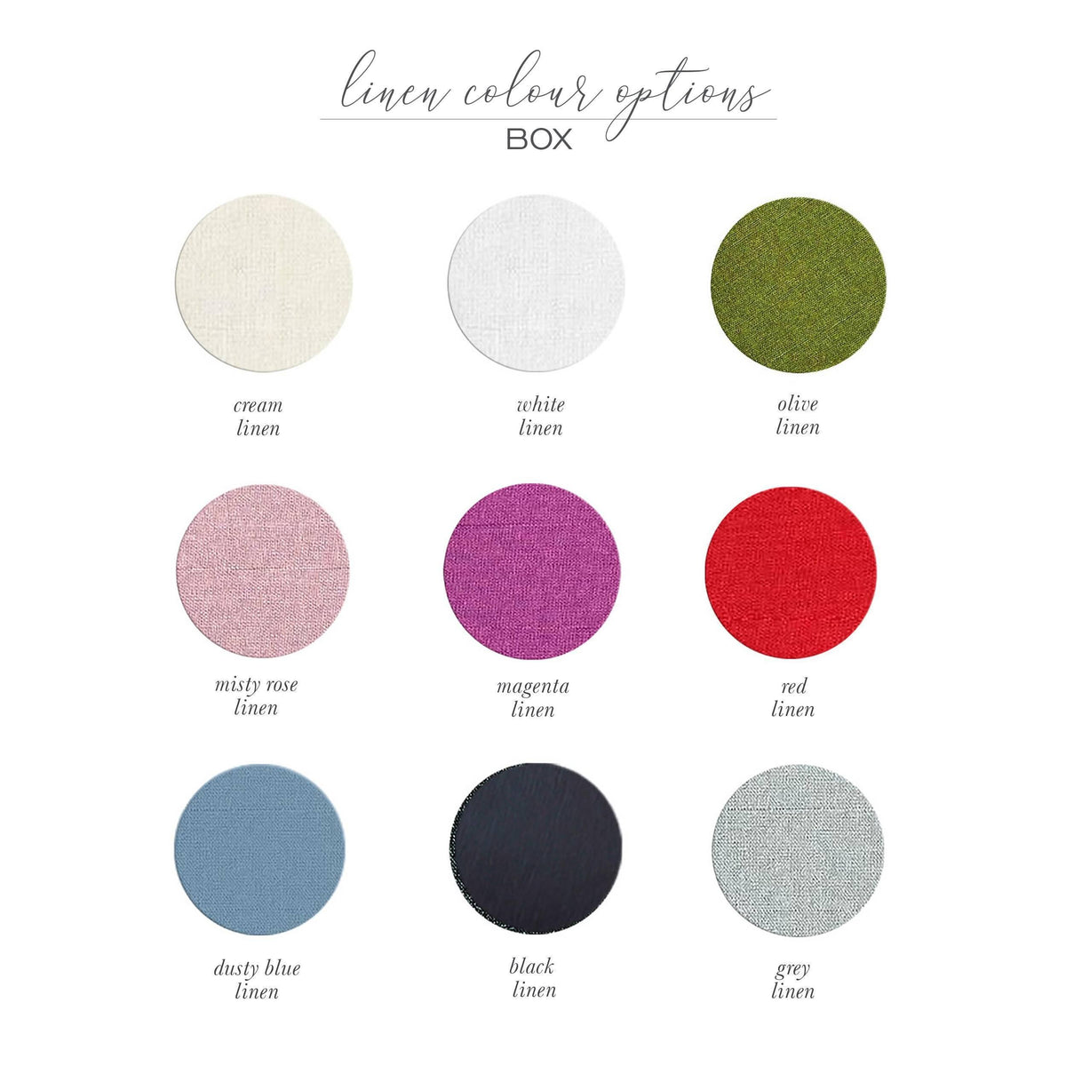 A color options chart for linen fabric, titled 'linen colour options BOX', showing nine circular swatches labeled cream linen, white linen, olive linen, misty rose linen, magenta linen, red linen, dusty blue linen, black linen, and grey linen on a white background.