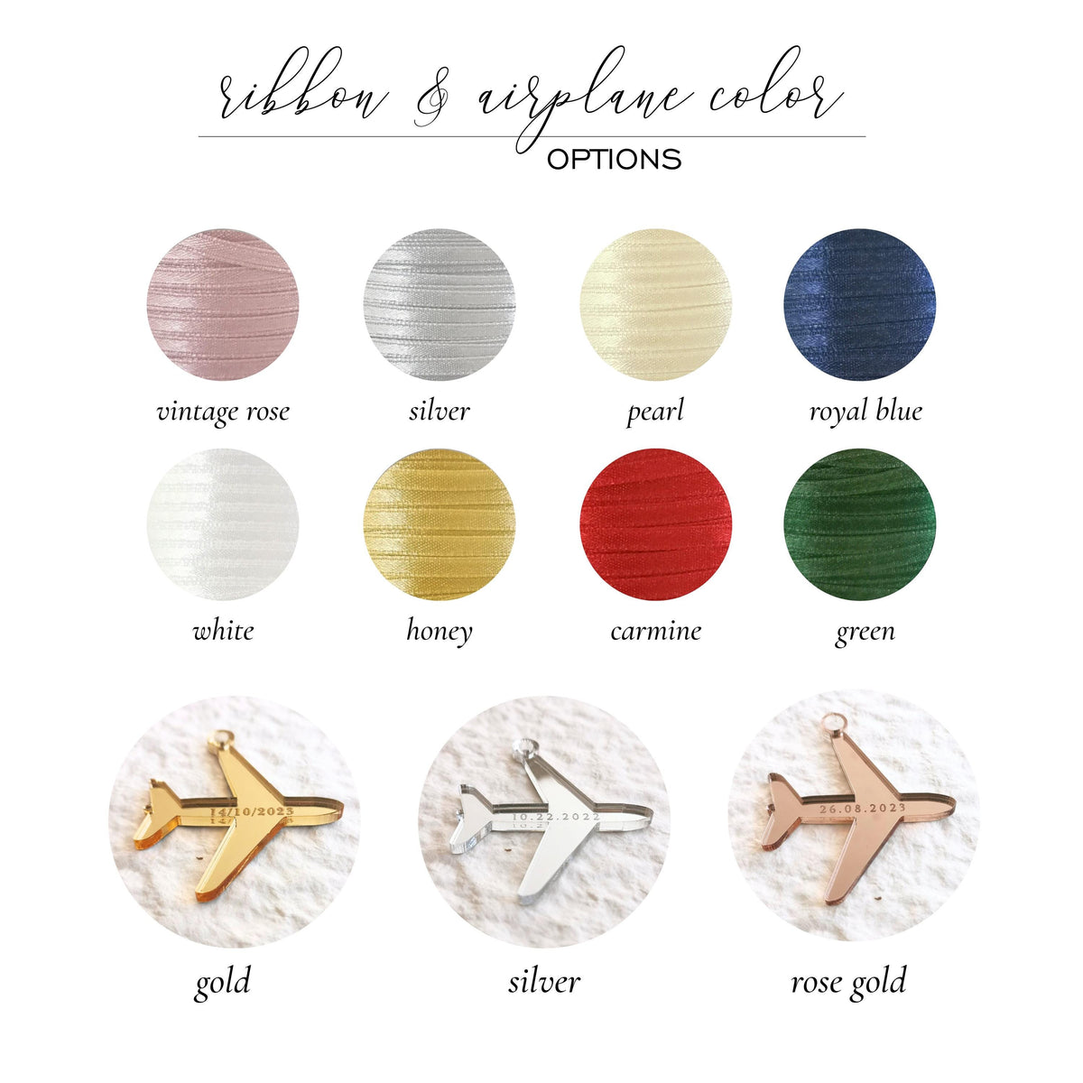 A collection of ribbon swatches in colors vintage rose, silver, pearl, royal blue, white, honey, carmine, and green. Below the swatches are six airplane shapes in rose gold, silver, and gold colors.