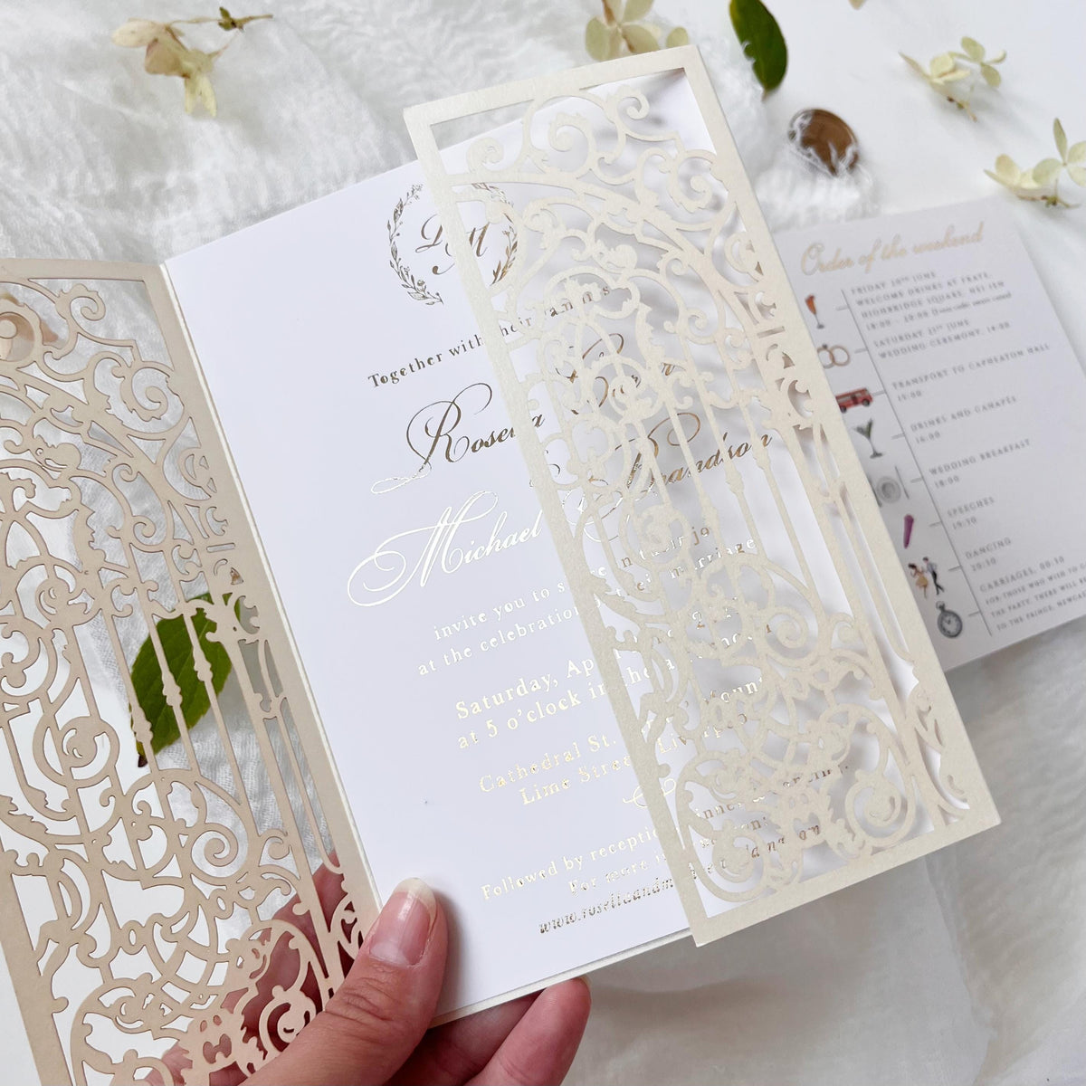 Elegant cream baroque laser cut gatefold invitation cover for 5x7 cards.