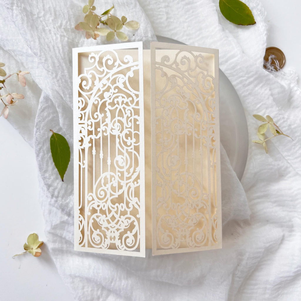 Elegant Cream metallic baroque laser cut gatefold invitation cover for 5x7 cards.