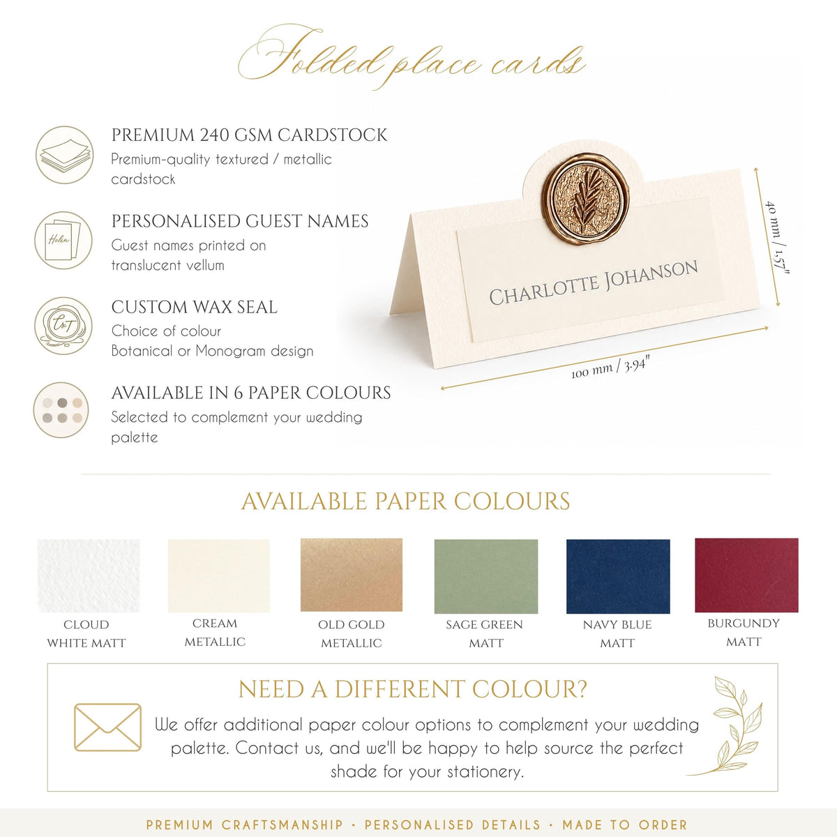 Wizytówki ślubne z pieczęcią lakową, Personalizowane winietki, Wizytówki z liściem botanicznym, Wizytówki z monogramem na stół weselny