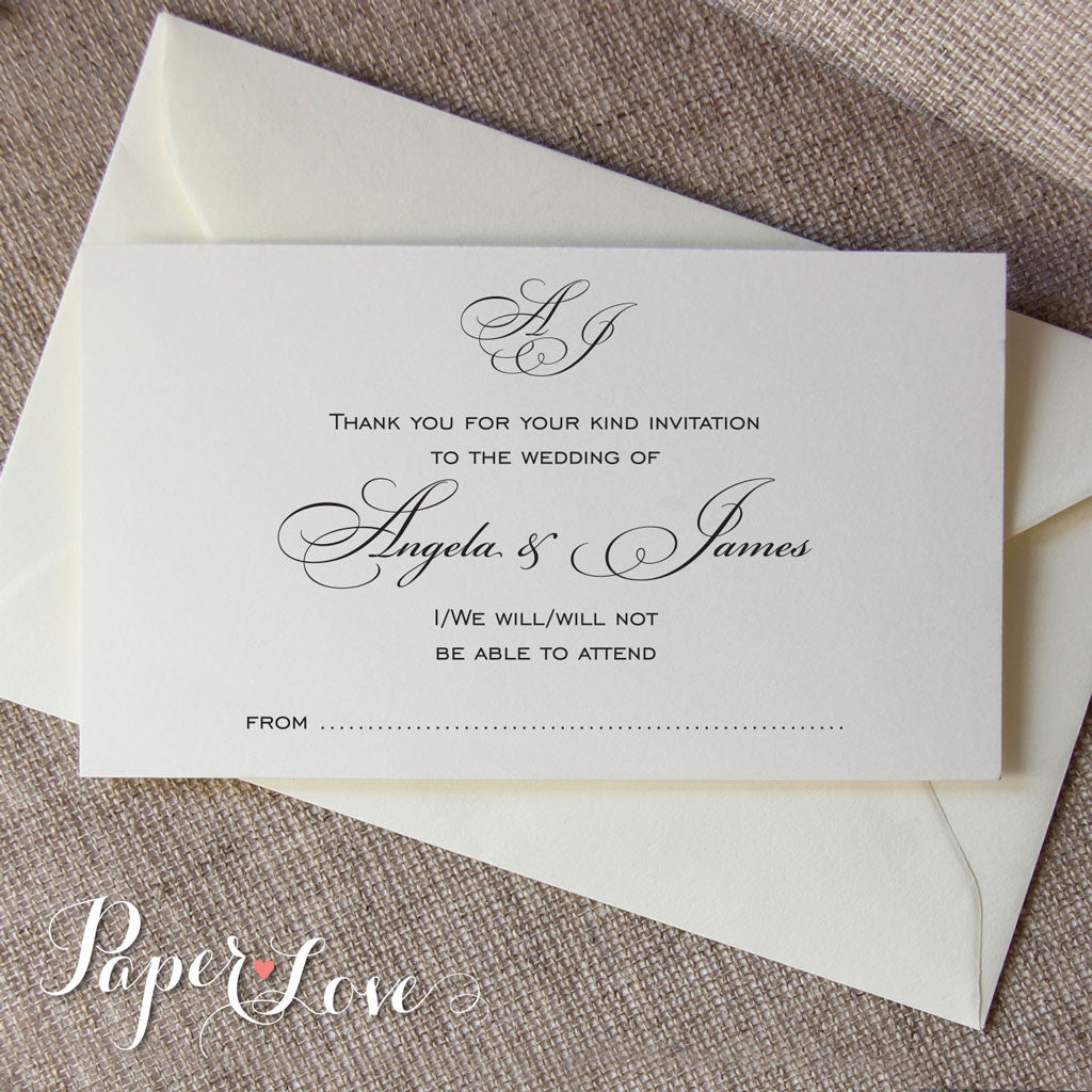 Piękna biała lub kremowa karta RSVP na ślub z dopasowaną kopertą, potwierdzenie obecności